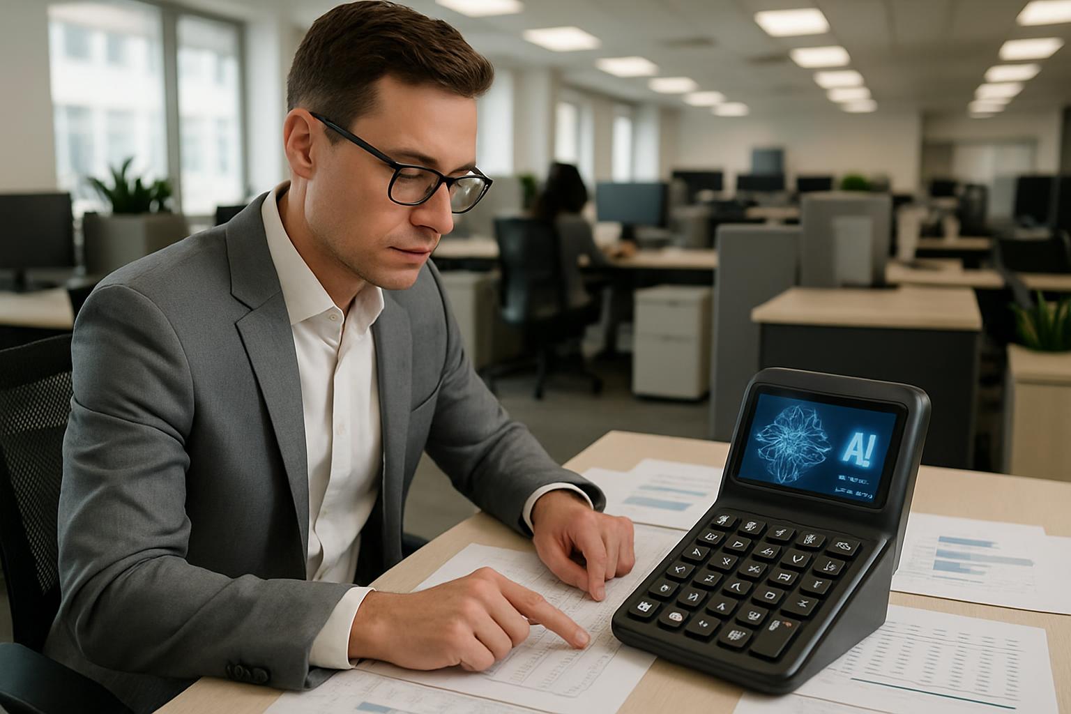 Een kantoormedewerker past een programma in op een gemodificeerd typetoestel in een vol secundair werkruimte.
