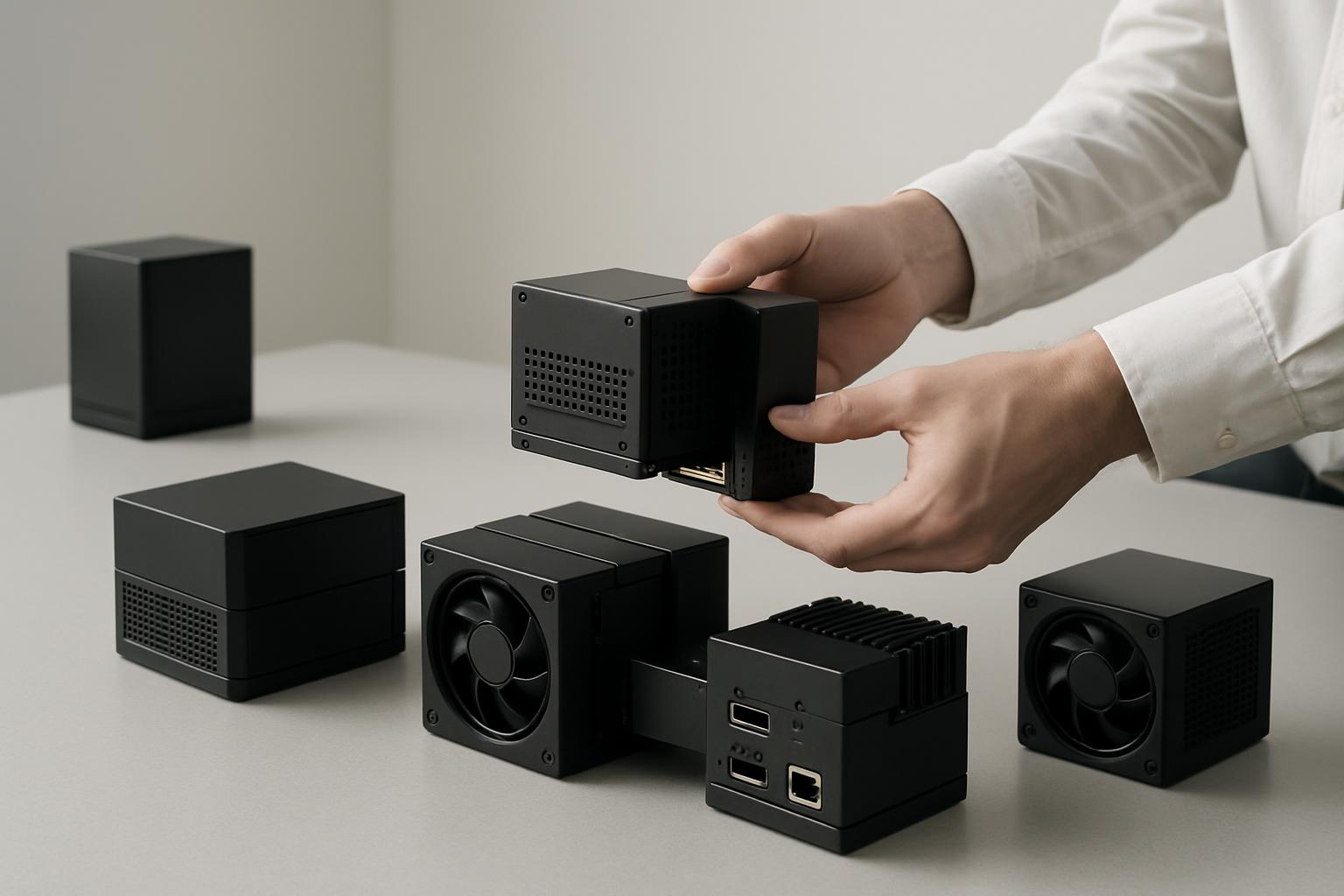 Een persoon met een wit overhemd pakt een klein omtrek en ontwerp met vier zwarte boxen uit elke hoek op een wit tafel. Gr...