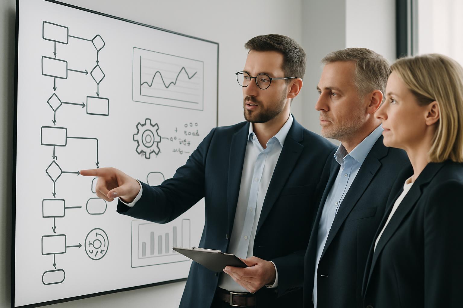 Drie professionelen in een vergaderzaal kijken naar een whiteboard met een diagram op.