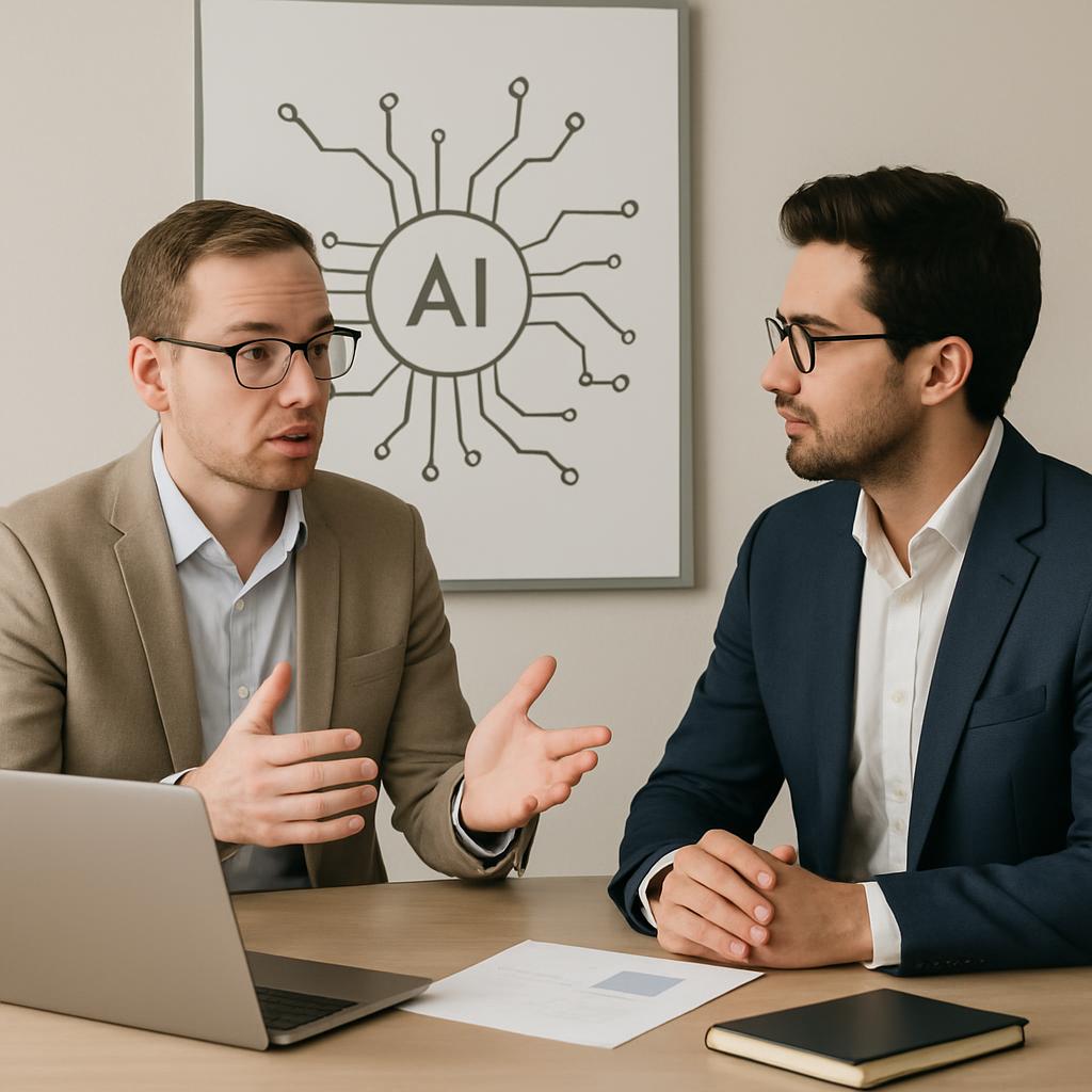 Twee mannen met een laptop en AI-icoon op de achtergrond.
